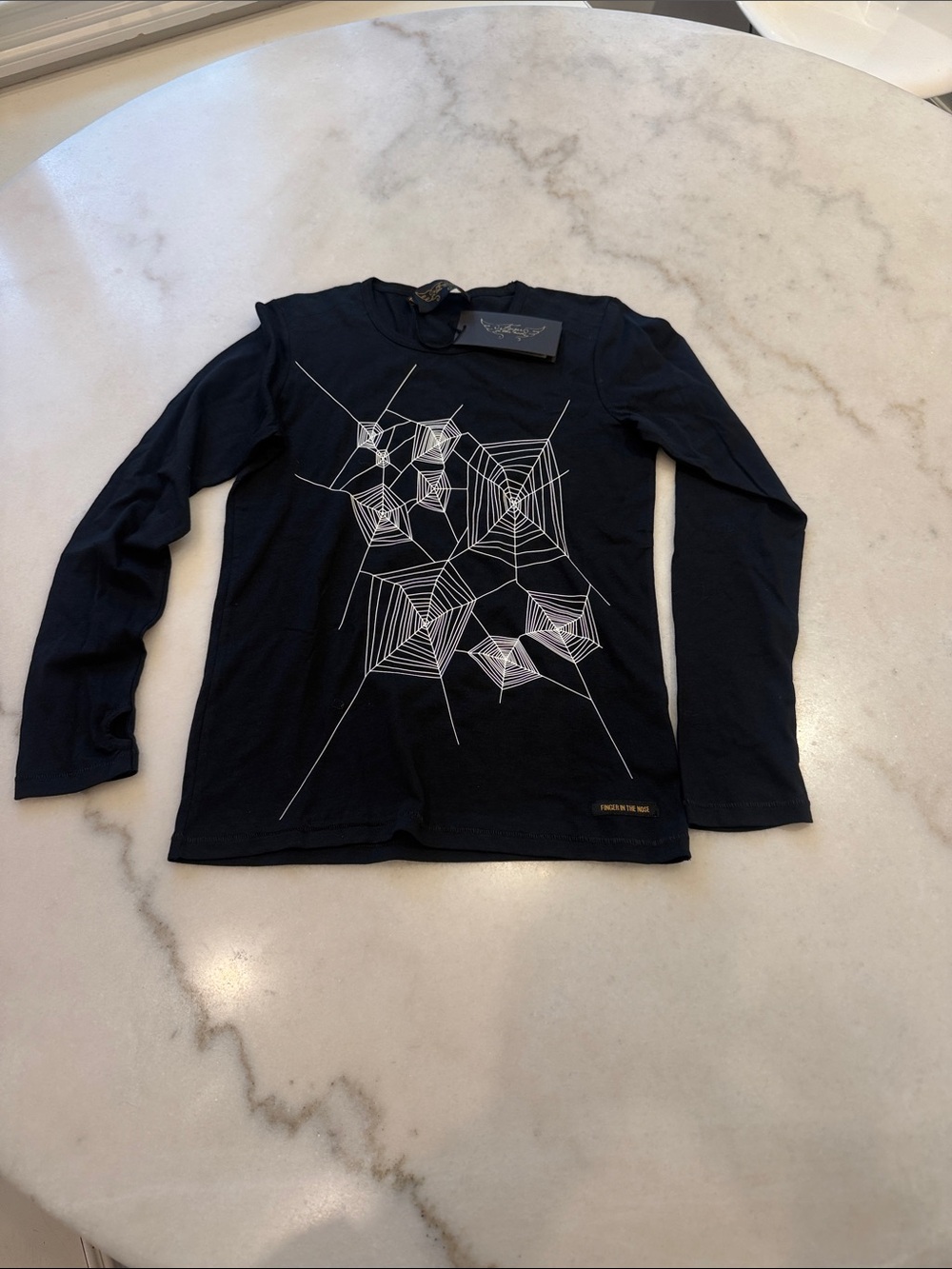 NWT Finger In The Nose Black Long Sleeve Tee with White Spiderweb Graphic